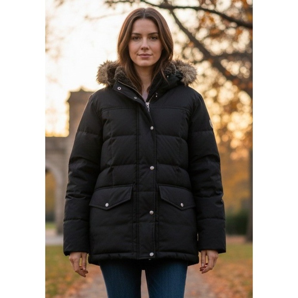Cole Haan Signature Black Puffer Faux Fur‎ Hooded Jacket Down Feather Women's M